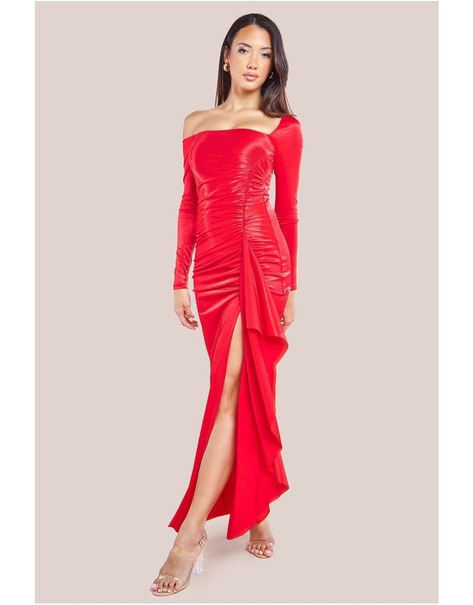 Goddiva Slinky Satin One Shoulder Split Maxi Dress - Red