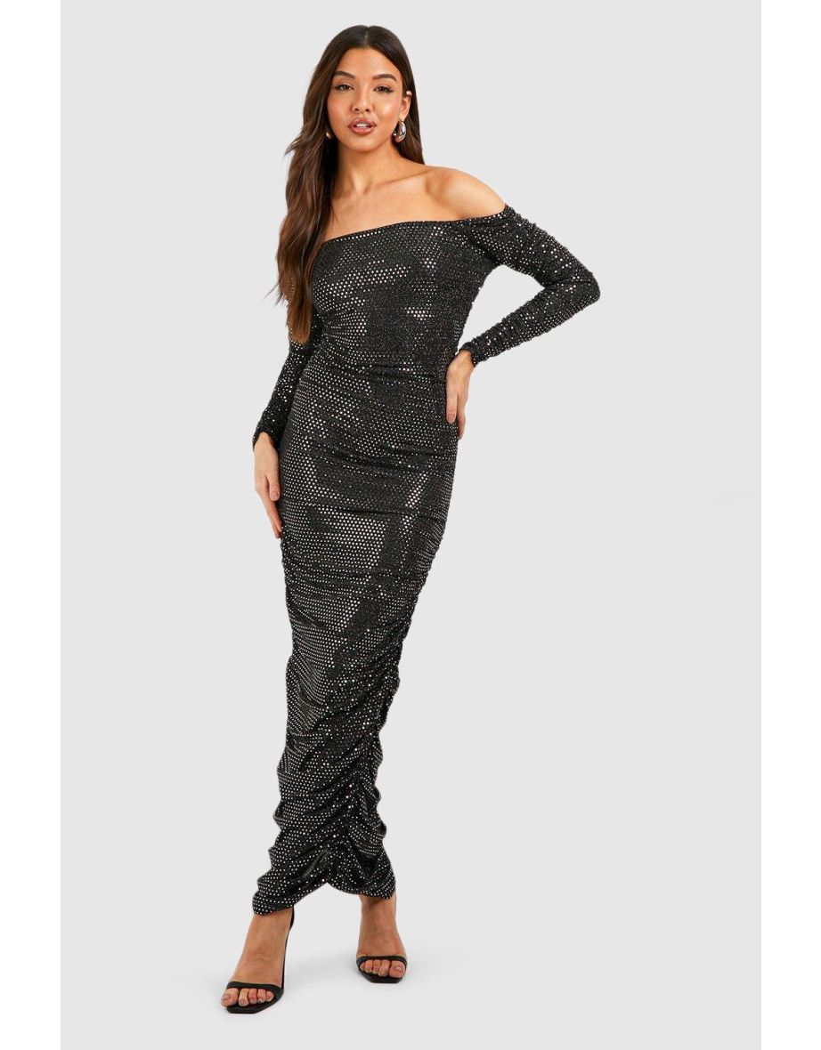 Bardot Sequin Ruched Maxi Dress - gold