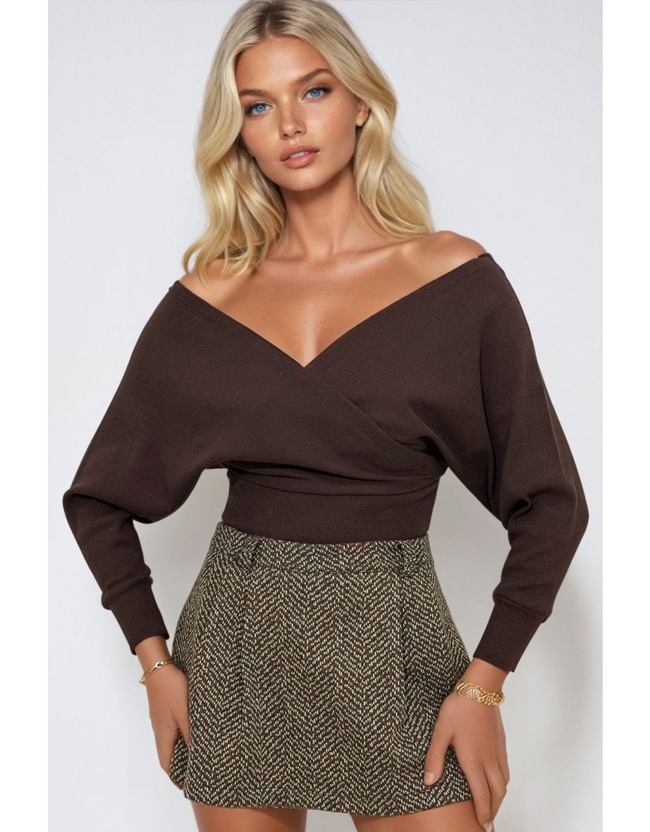 Women's Dark Brown Front Back V Neck Double Breasted top