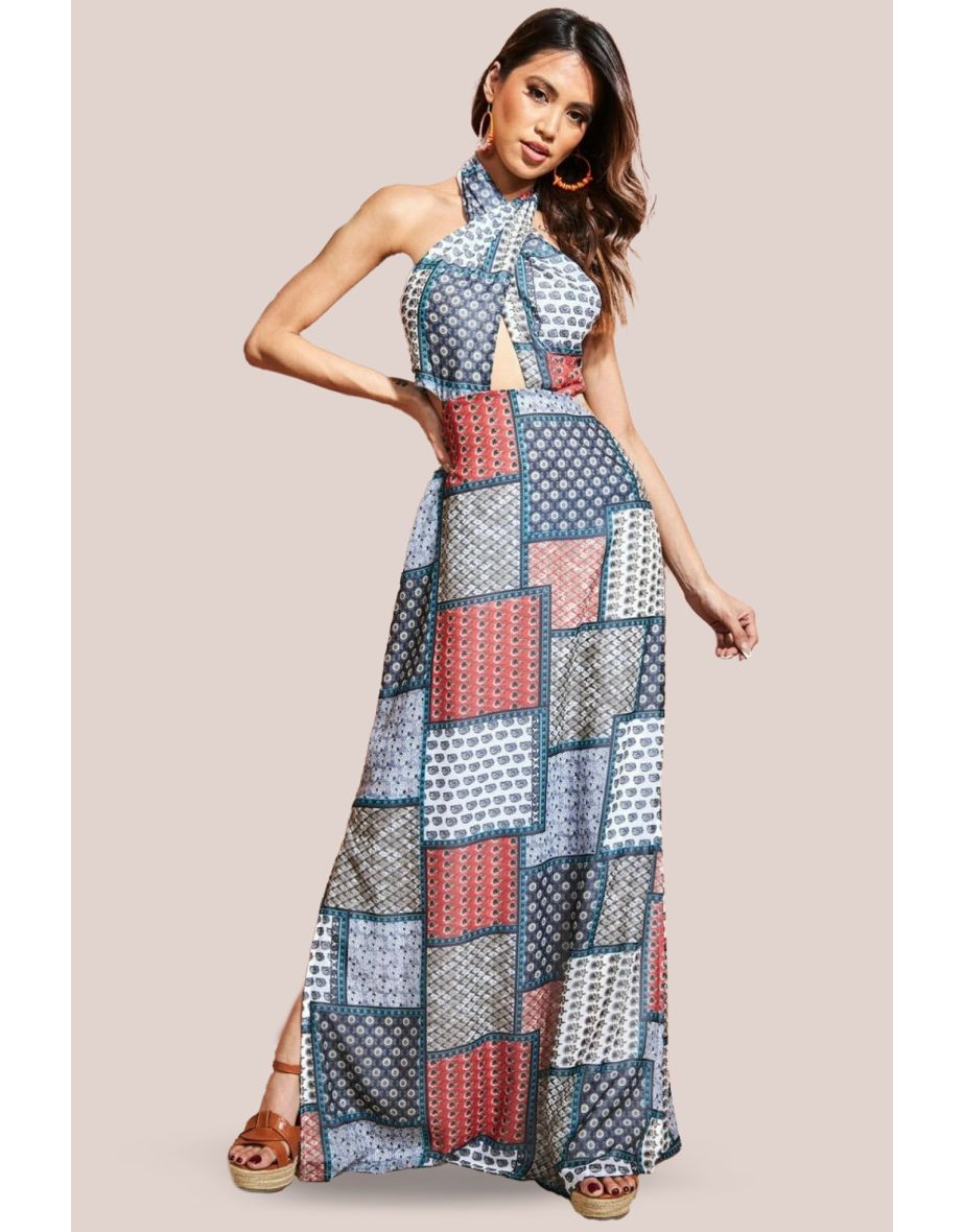 City Goddess Halter Neck Printed Maxi Dress - Blue