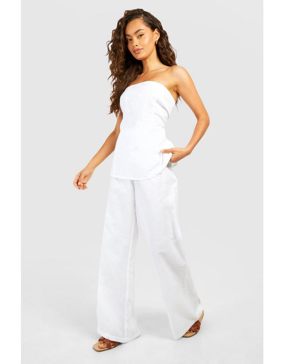 Linen Look Longline Bandeau & Wide Leg Trousers - white