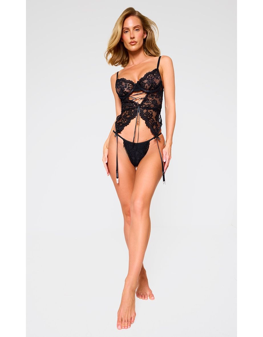 Black Lace Up Floral Lace Corset Lingerie Set