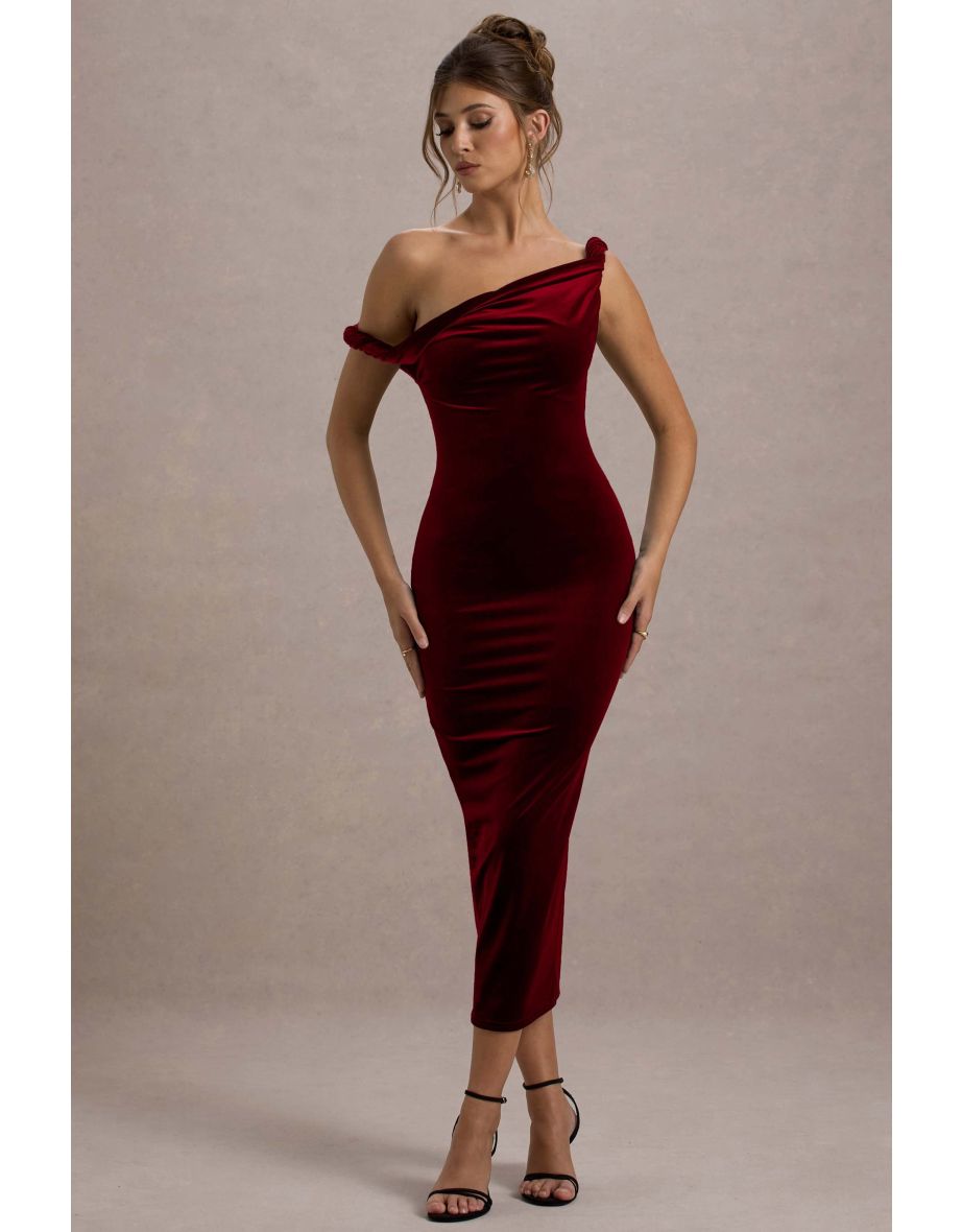 Carella | Berry Velvet Twisted Asymmetric Midaxi Dress