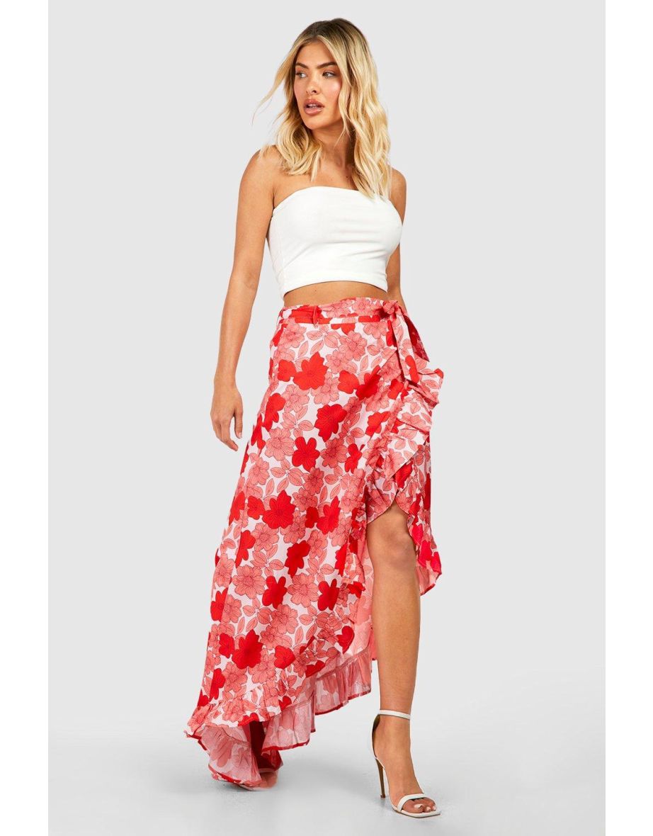 Shop Floral Ruffle Hem Wrap Front Maxi Skirt Online in Qatar VogaCloset