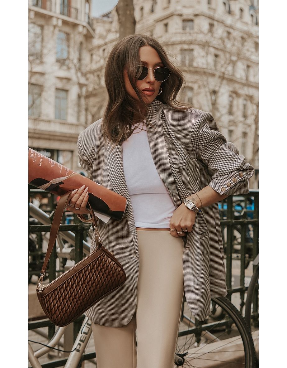 Brown Houndstooth Shoulder Padded Oversized Curved Hem Blazer