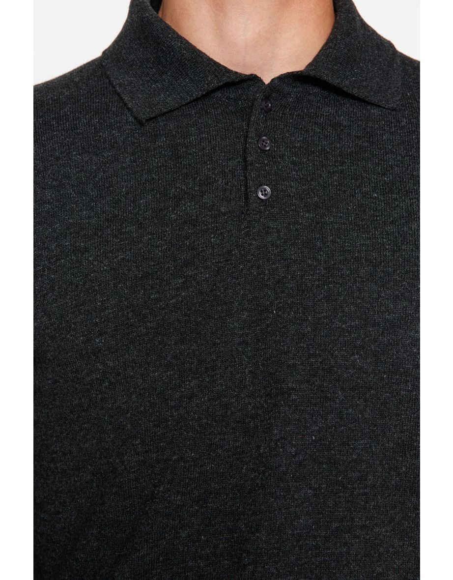 Anthracite Men's Slim Fit Polo Neck Buttoned Smart Knitwear Sweater - 14