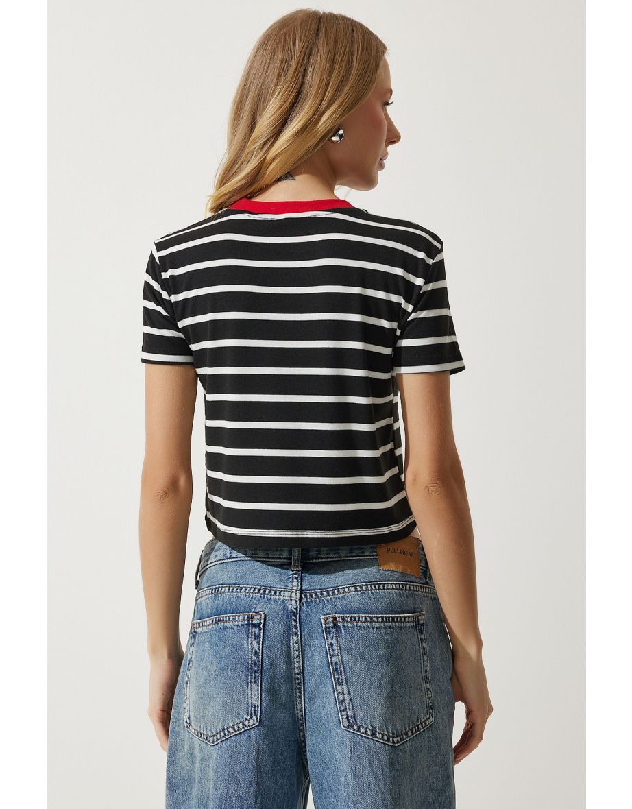 Women's Black Heart Embroidered Striped Cotton Knitted T-Shirt - 6