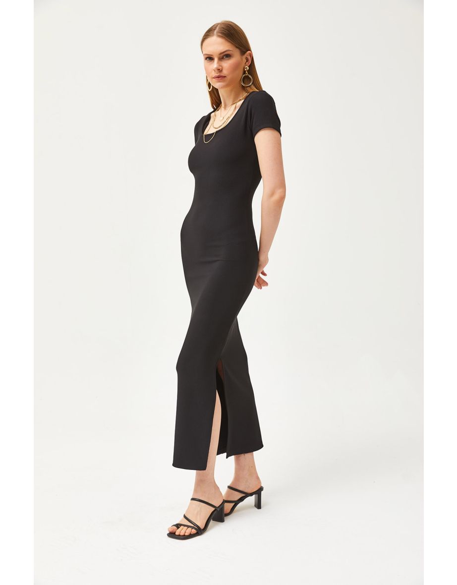 Women's Black U Neck Lycra Thin Ribbed Slit Ottoman Dress