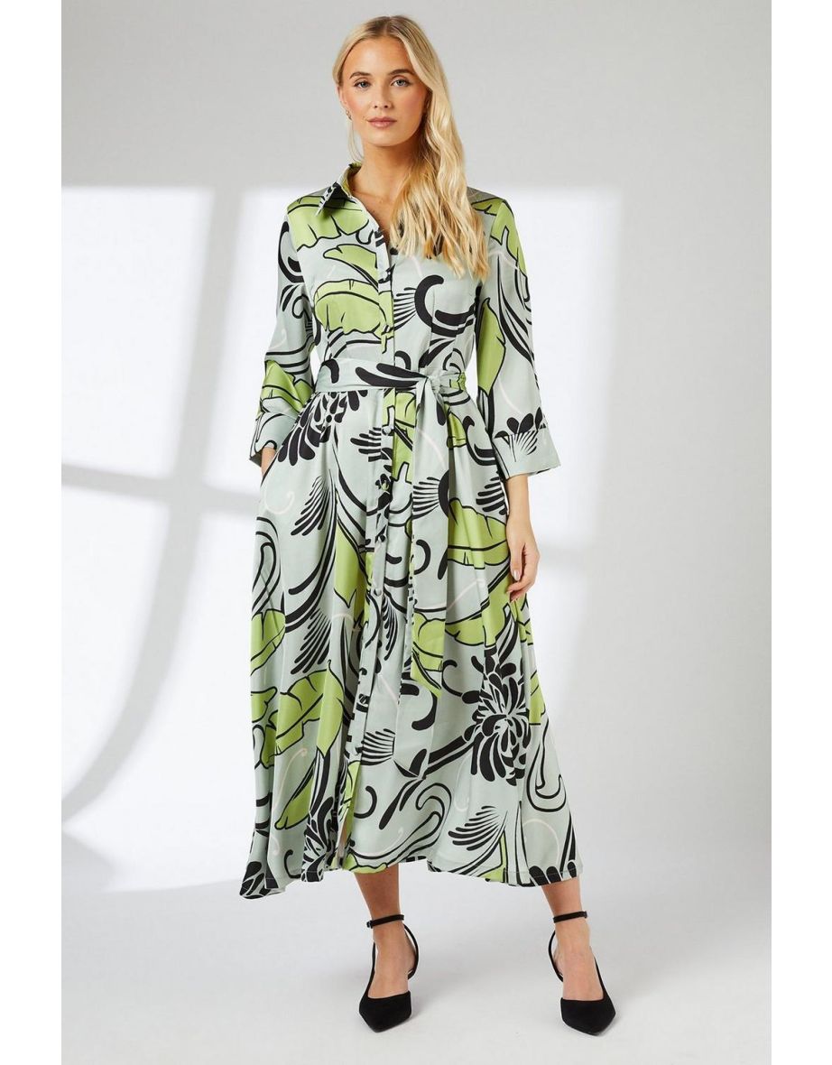 Leaf Print Belted Satin Shirt Dress