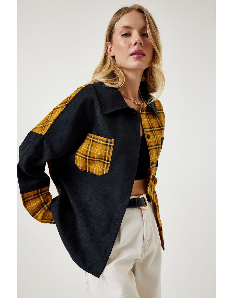 Women's Black Mustard Color Block Suede Woven Shirt