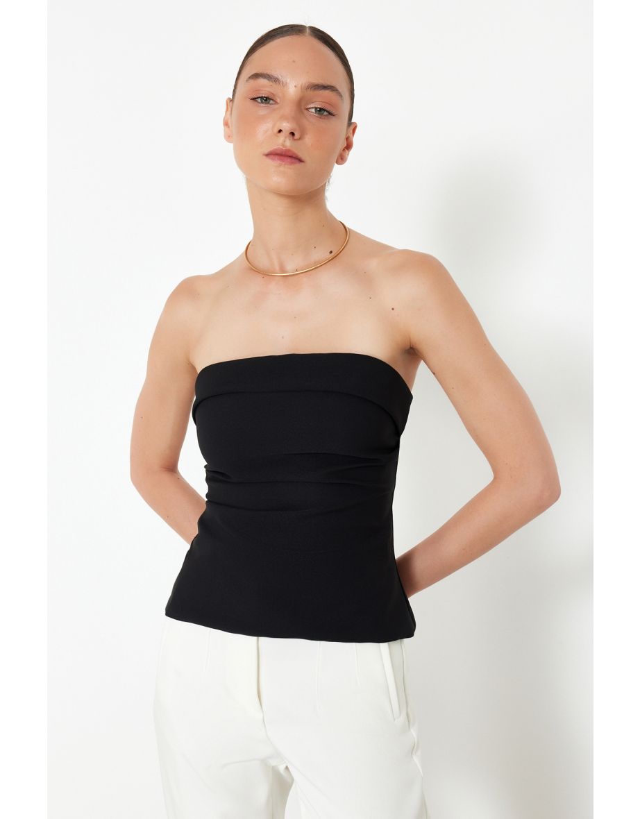 Black Strapless Fitted Woven Woven Blouse