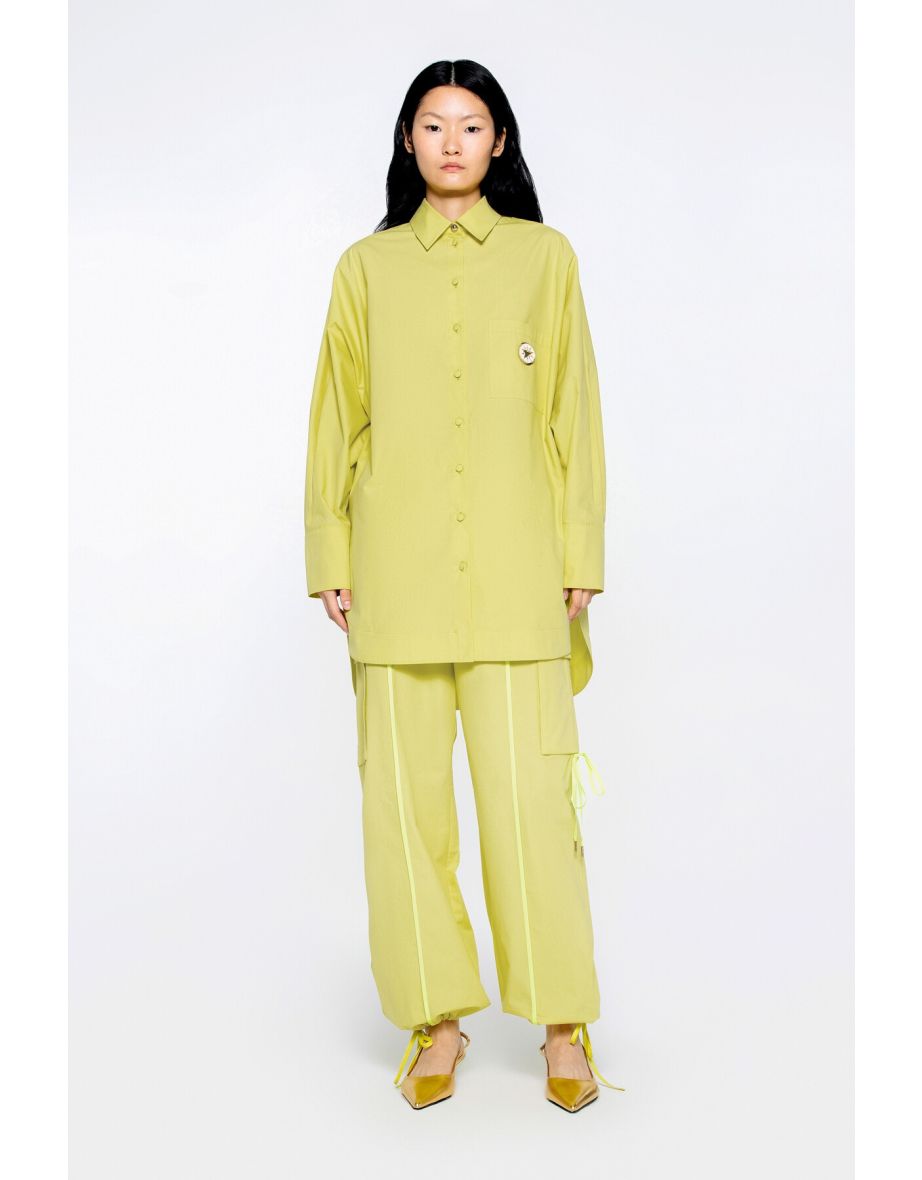 Cargo Pants with Neon Green Trims, Drawstring Detail at the Cuffs, and Elastic Waist