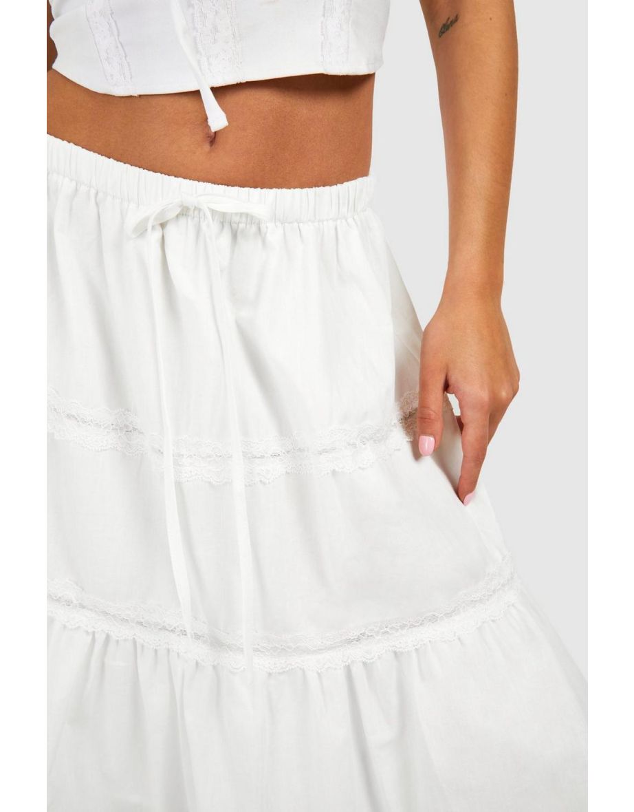 Petite Lace Trim Tiered Woven Maxi Skirt - white - 3