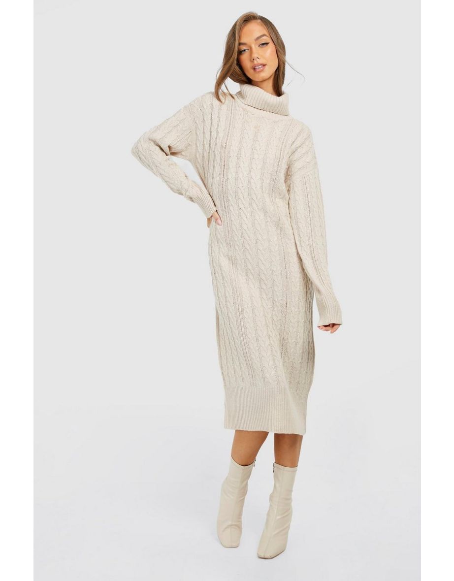 Cable Knit Roll Neck Midi Dress - stone