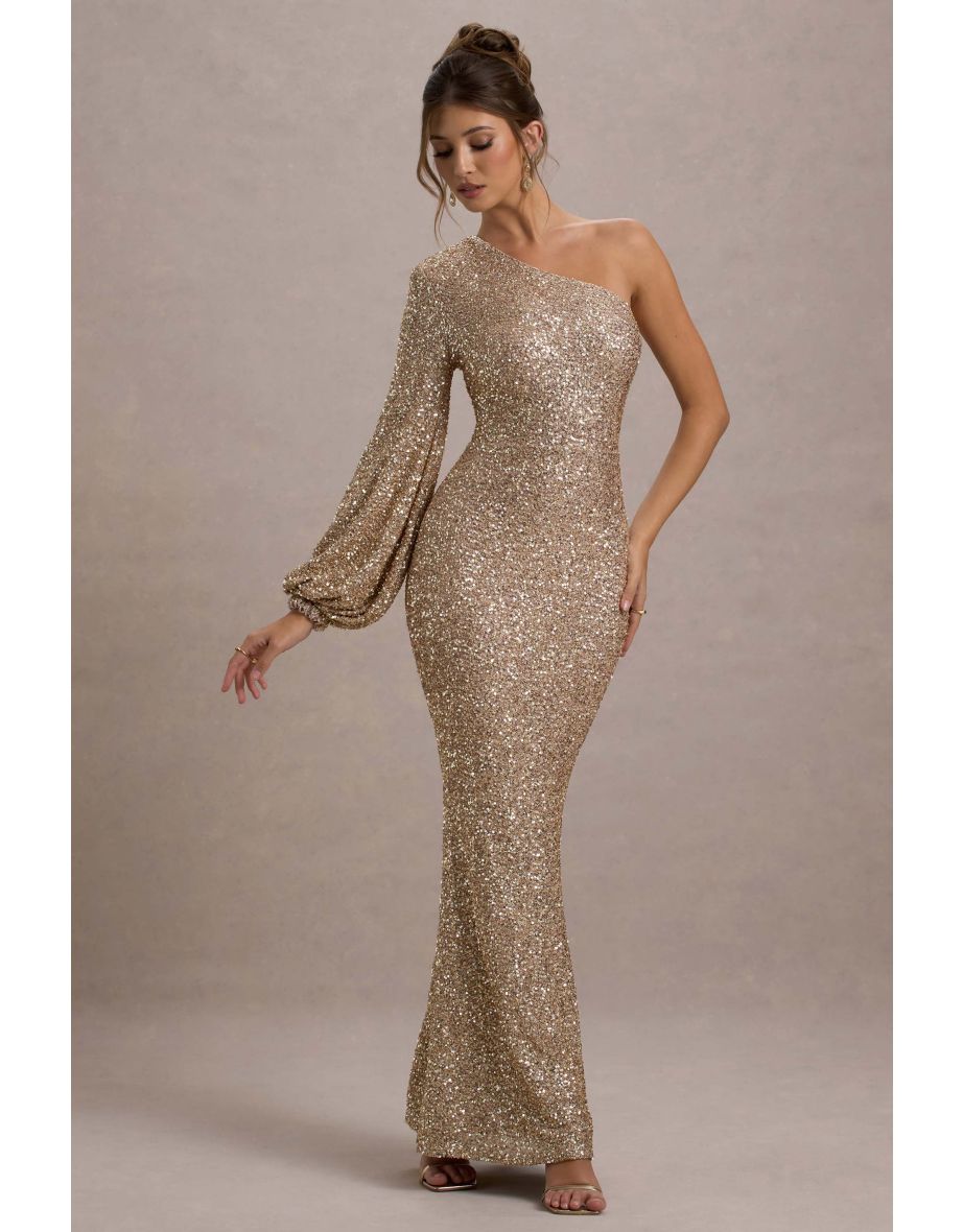 Aven | Gold Sequin Asymmetric Puff-Sleeve Maxi Dress