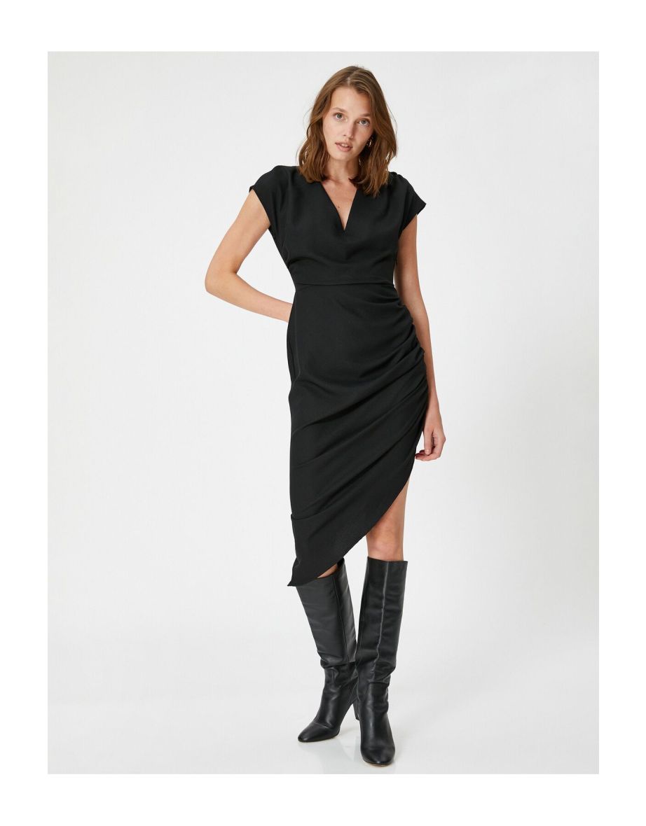 Asymmetrical Dress V-Neck Draped Short Sleeves