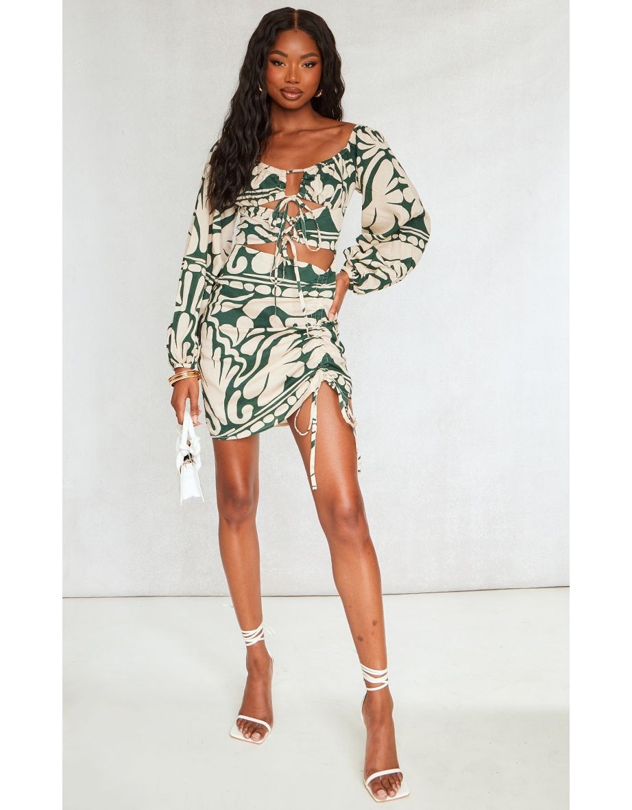 Shop Green Floral Print Linen Cut Out Ruched Detail Bodycon Dress Online in Oman VogaCloset