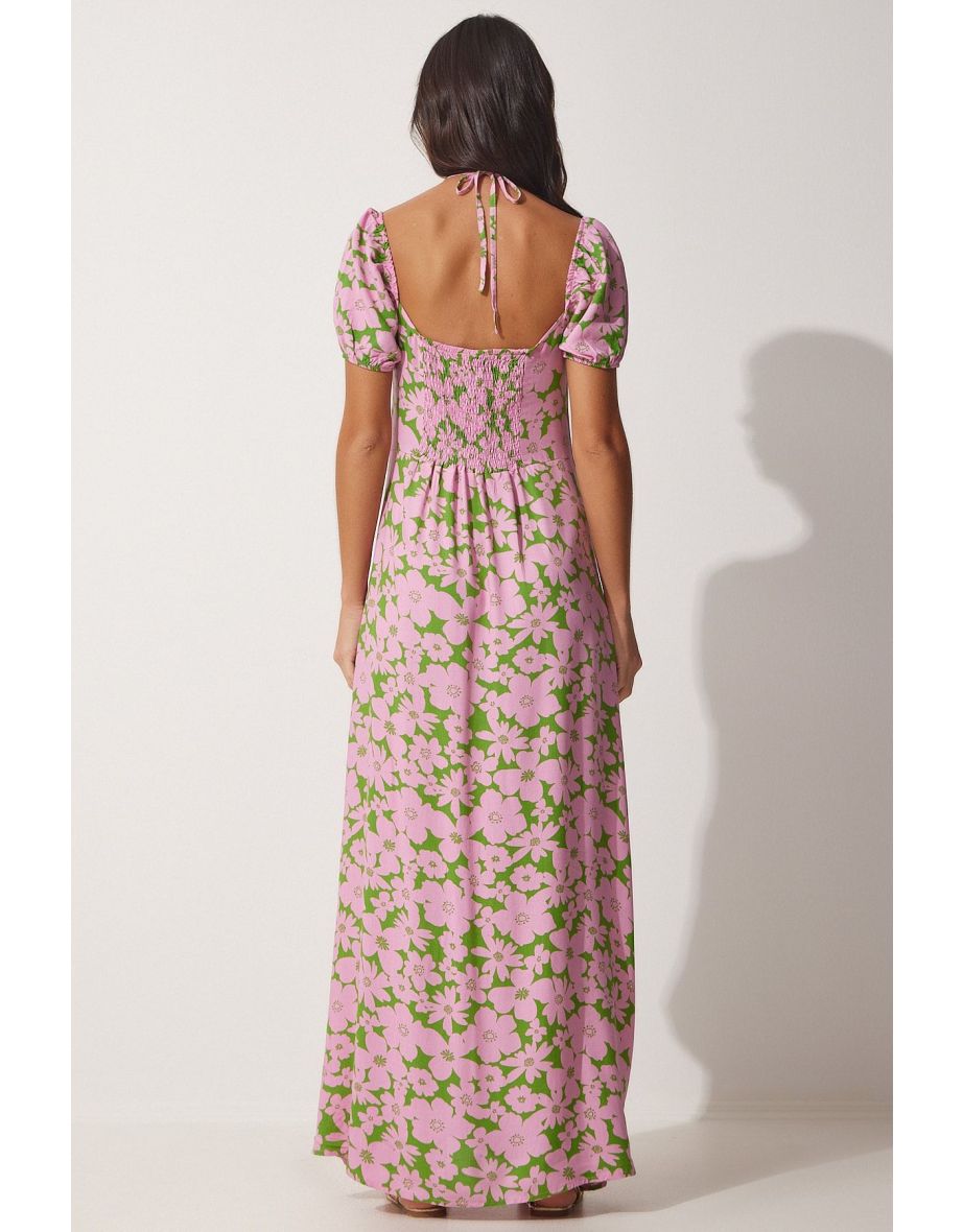 Women's Pink Green Floral Slit Viscose Summer Dress - 3