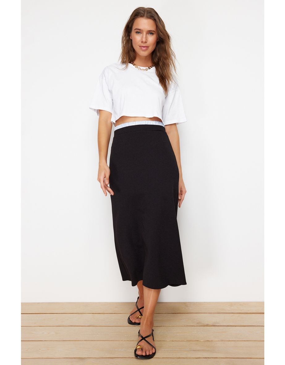Black Waist Detailed Scuba Flexible Midi Skirt