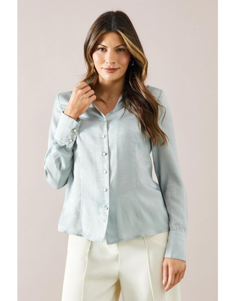 Hammered Satin V Neck Blouse
