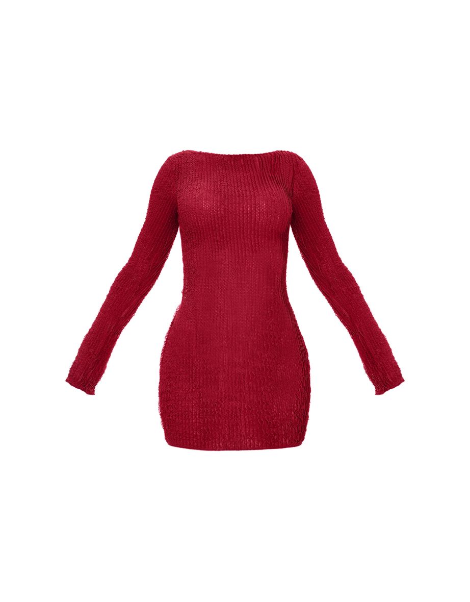 Cherry Red Textured Backless Tie Bodycon Dress - 4