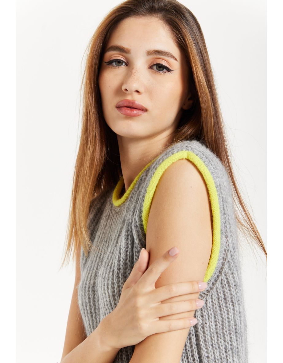 Women's Super Soft Sleeveless Ribbed Knit Sweater Vest - Grey with Contrasting White Trim - 7