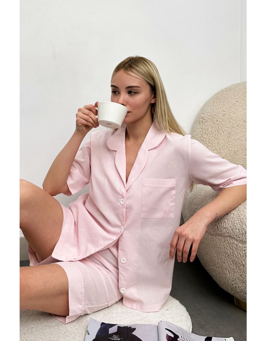 Women's Dust Pink Single Pocket Shorts Woven Pajamas Suit