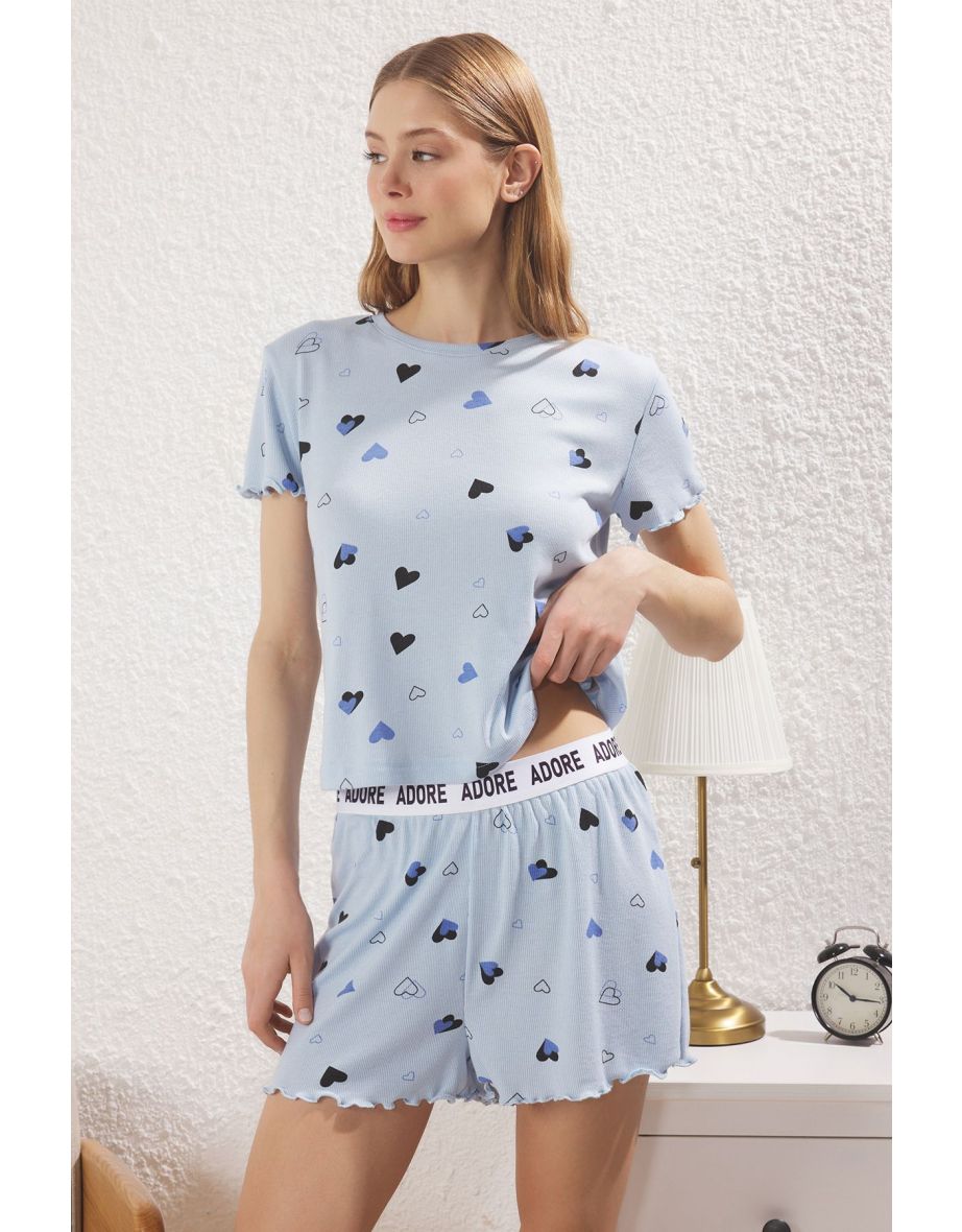 Blue Heart Slogan Printed Elastic Ribbed Shorts and Knitted Pajama Set