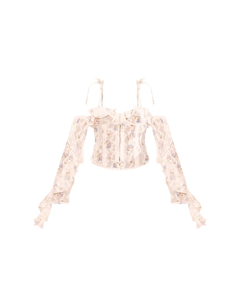 Baby Blue Floral Applique Ruffle Bardot Hook And Eye Top - 4