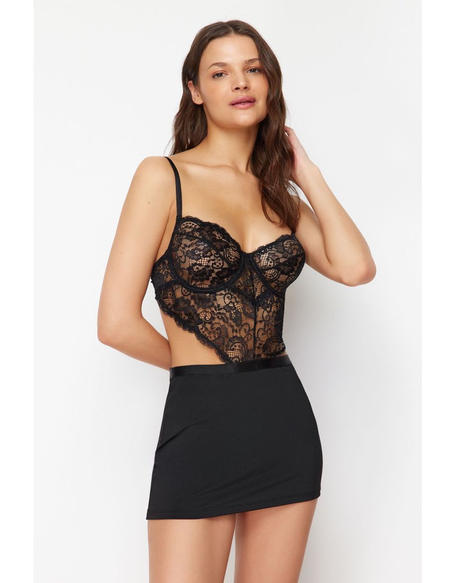 Black Lace String Strap Knitted Fancy Nightdress