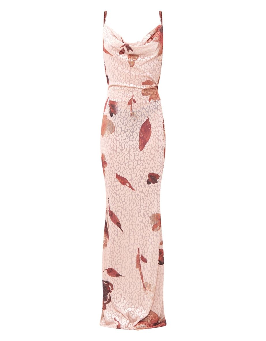 Petite Beige Floral Print Flocked Mesh Cowl Maxi Dress - 4