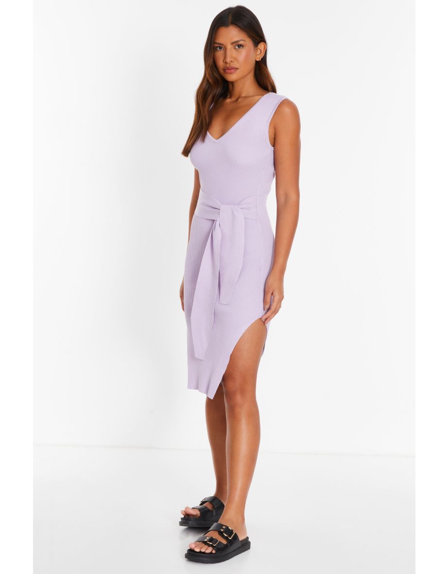 Lilac Knit Tie Belt Bodycon Midi Dress