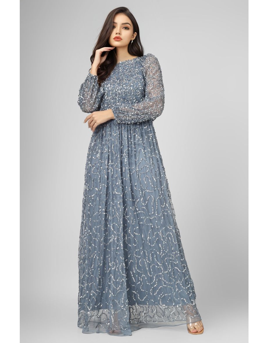 Melissa Long Sleeve Embellished Maxi Dress in Blue