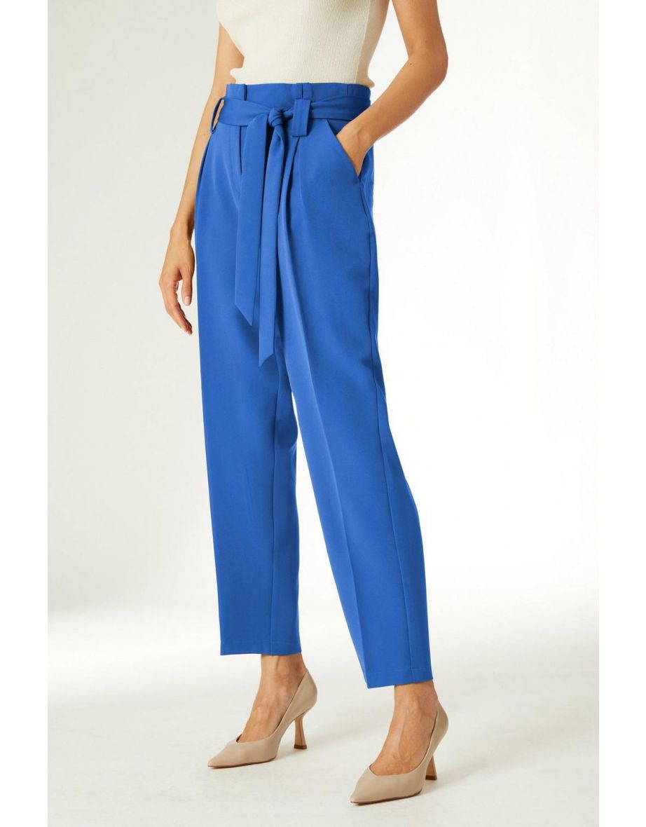 Belted Paper Bag Tailored Trouser - blue