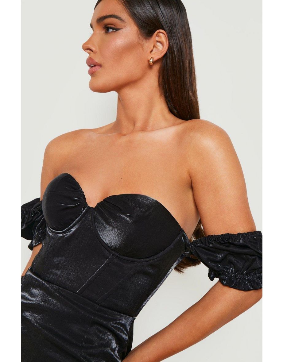 Puff Sleeve Cup Detail Bodycon Midi - black - 3