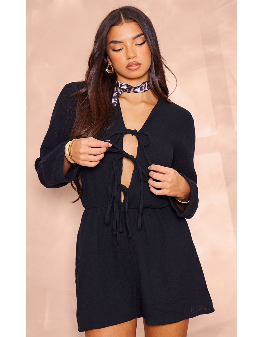 Black Textured Cheescloth Tie Front Playsuit