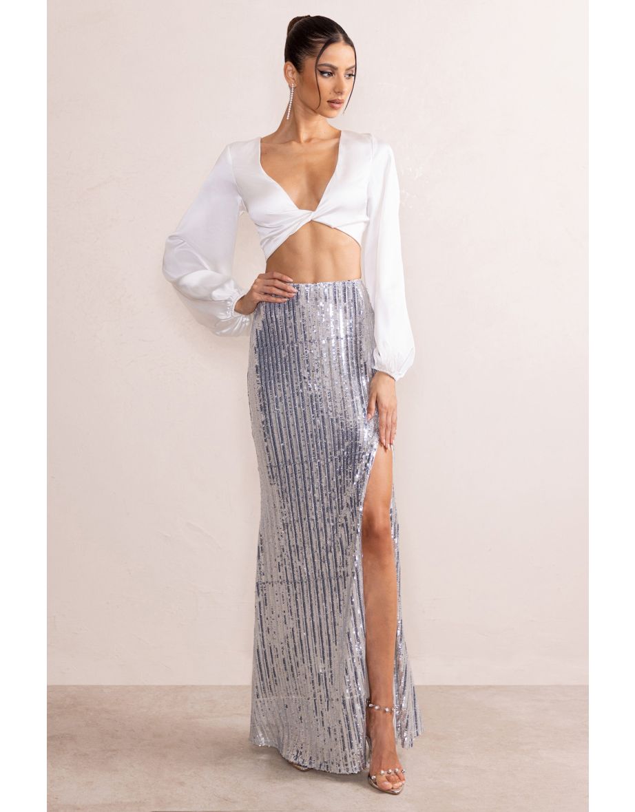 Sasha | Silver Sequin Fishtail Maxi Skirt With Side Split