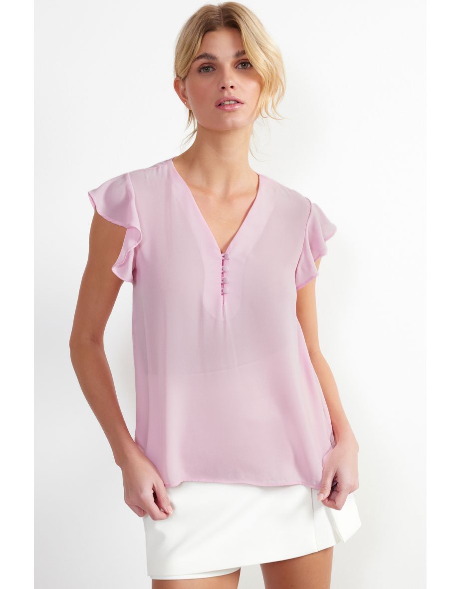 Pink Button Detailed Flowy Semi Sheer Blouse - 7