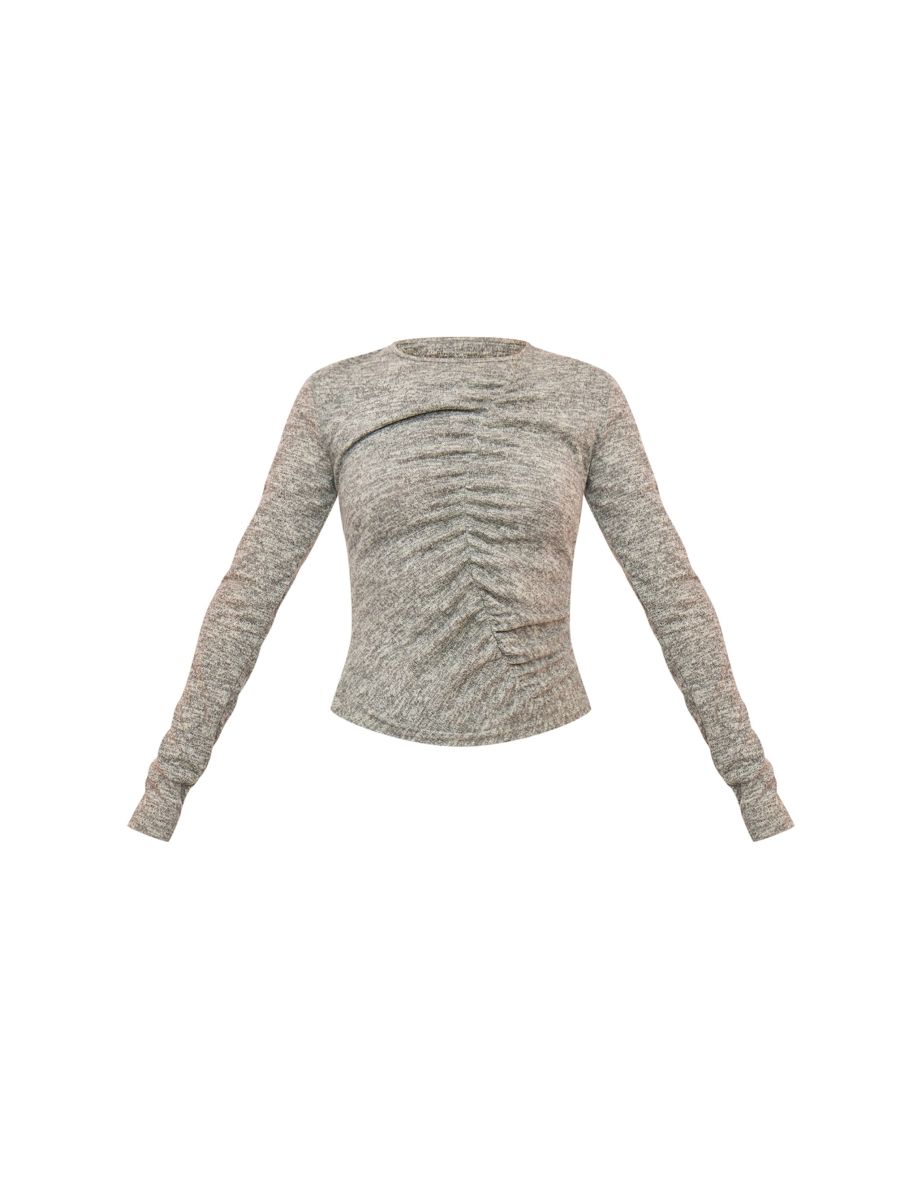 Sage Green Textured Marl Ruched Front Long Sleeve Top - 4