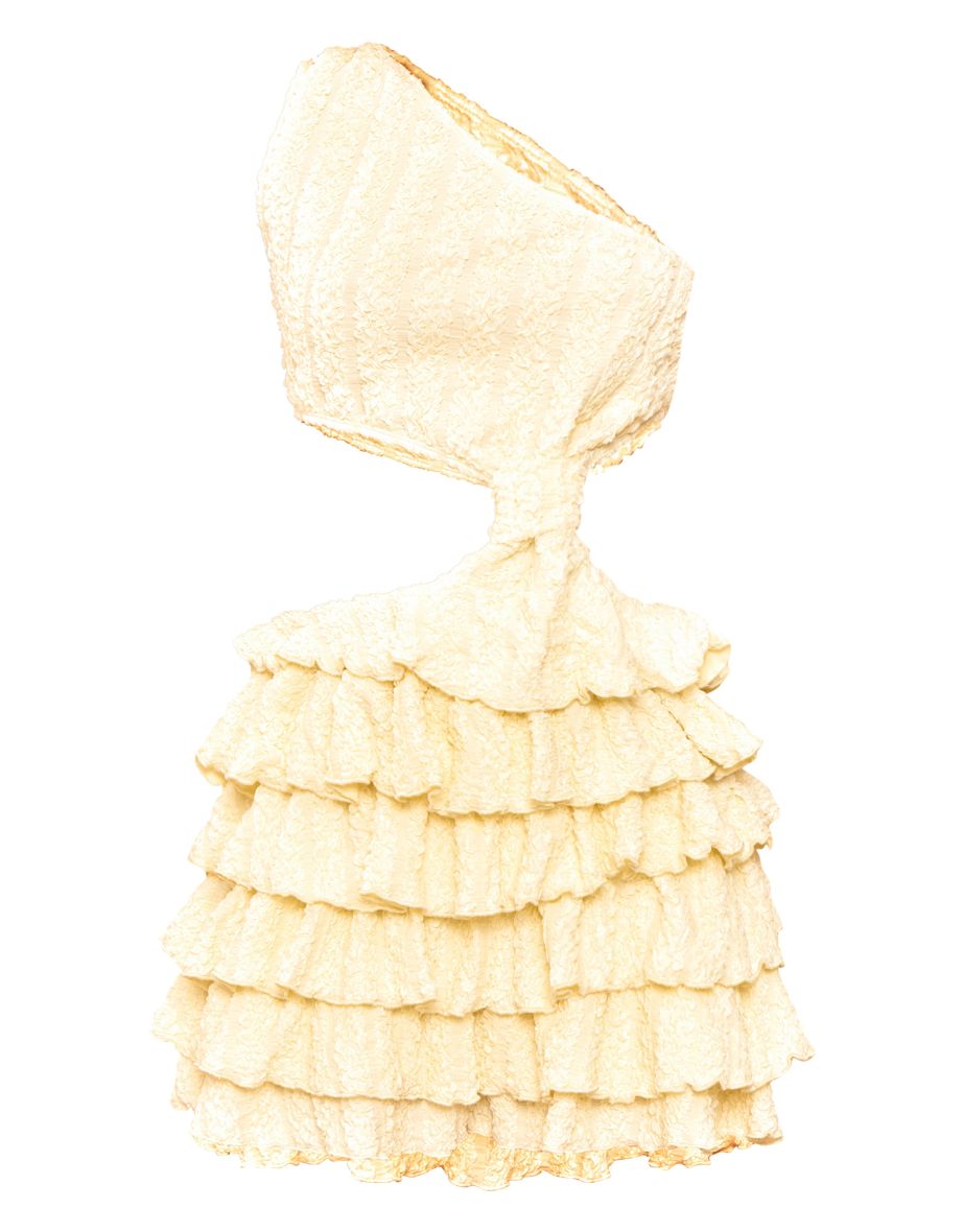 Cream Textured One Shoulder Frill Hem Mini Dress - 4