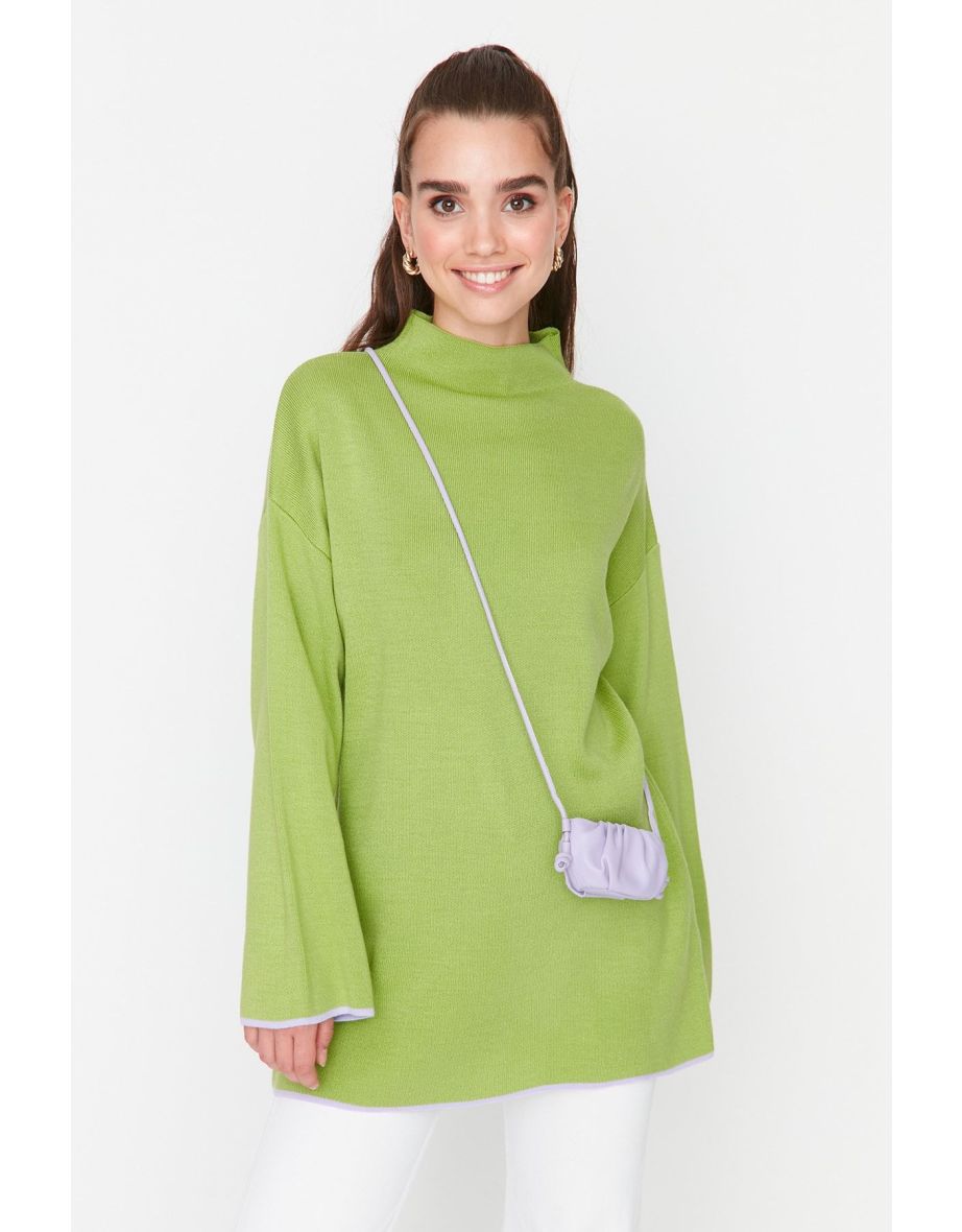 Green High Neck Spanish Sleeve Knitwear Sweater