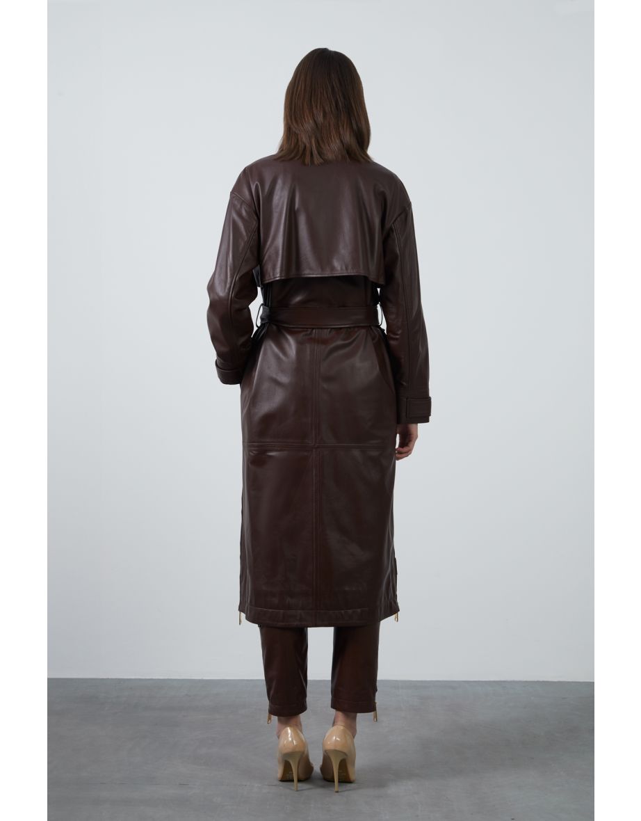 Brown Long Leather Jacket with Side Zippers - 3