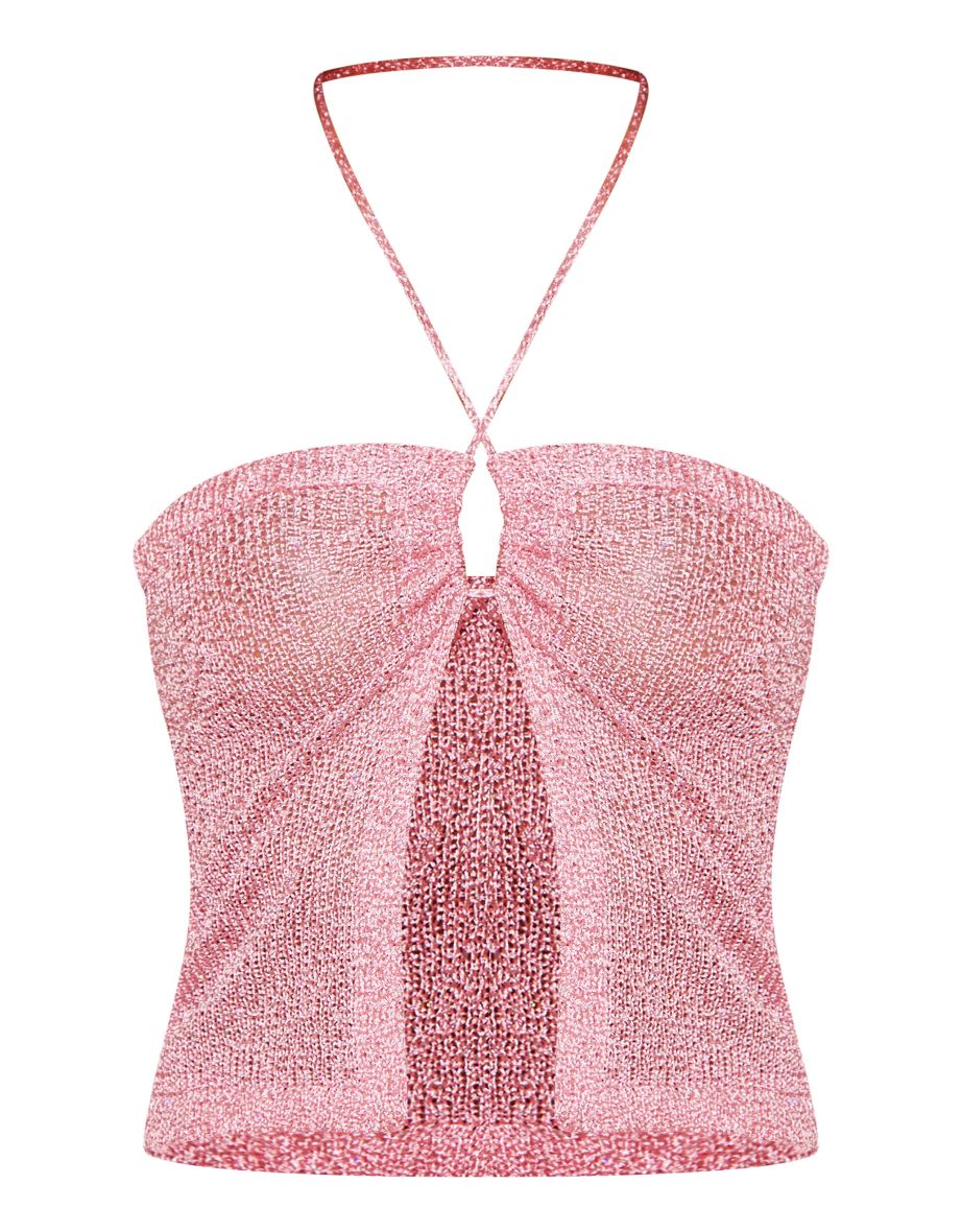 Pink Sequin Knit Tie Front Bandeau Top - 4