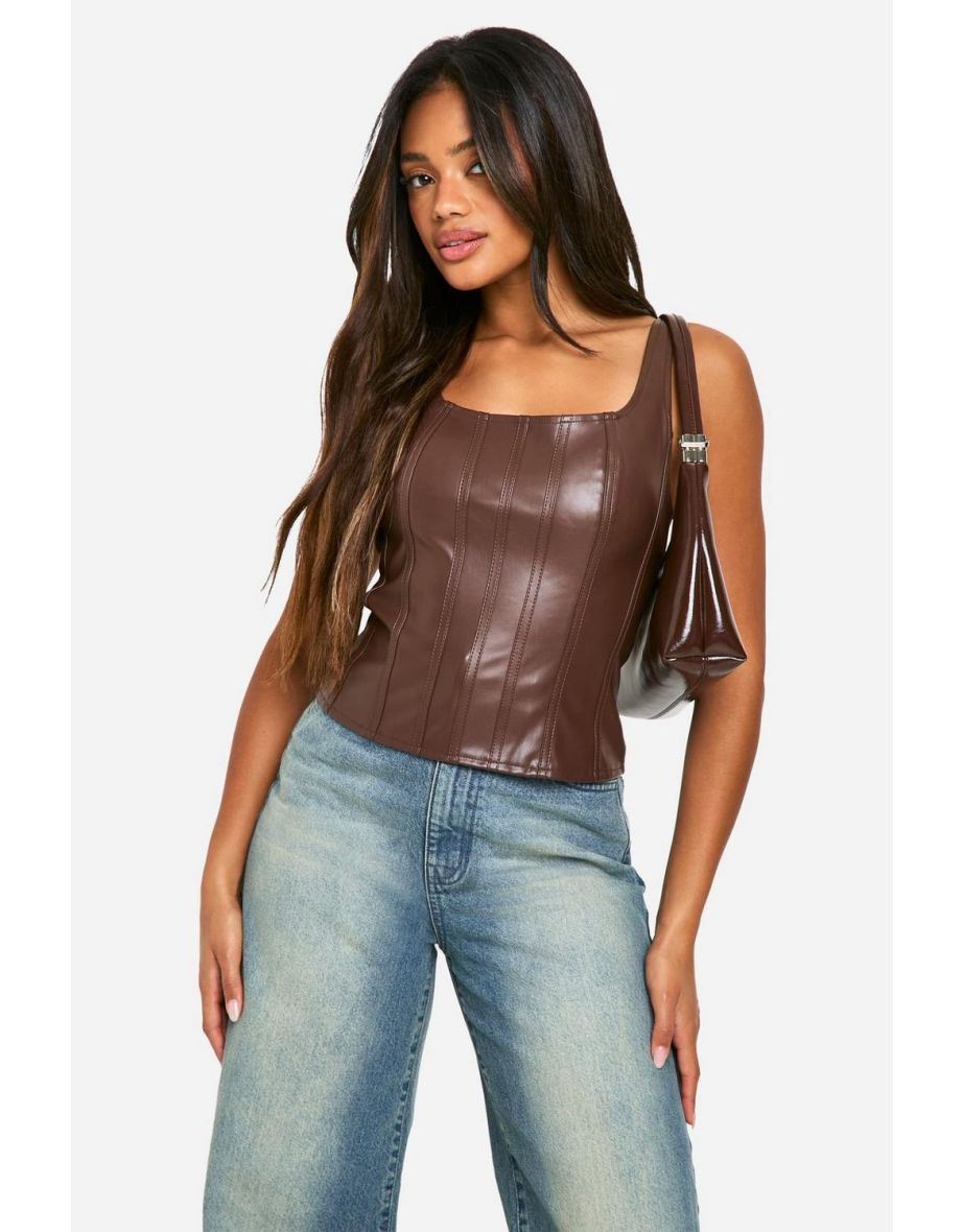 Faux Leather Zip Through Square Neck Corset - chocolate