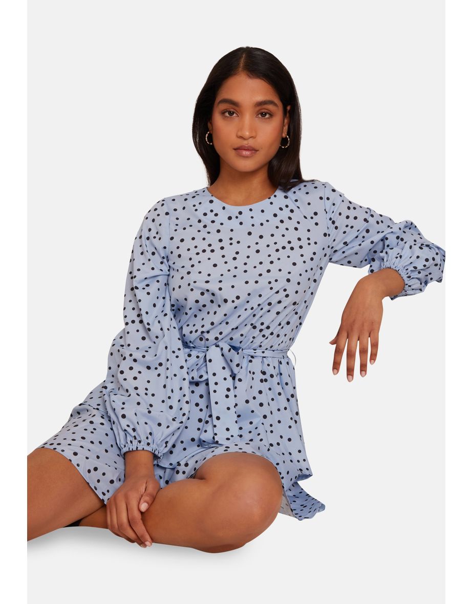 Long Sleeve Spot Print Mini Dress in Blue - 6