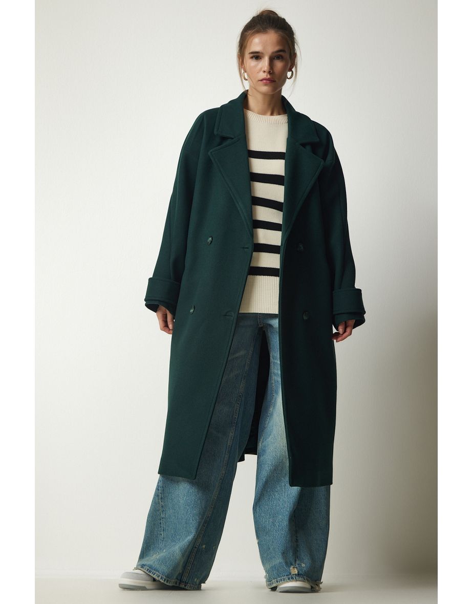 Women's Emerald Green Double Breasted Neck Belted Oversize Cachet Coat