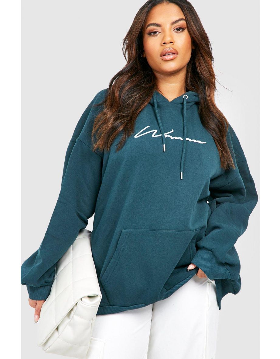 Plus Embroidered Woman Script Hoodie - forest