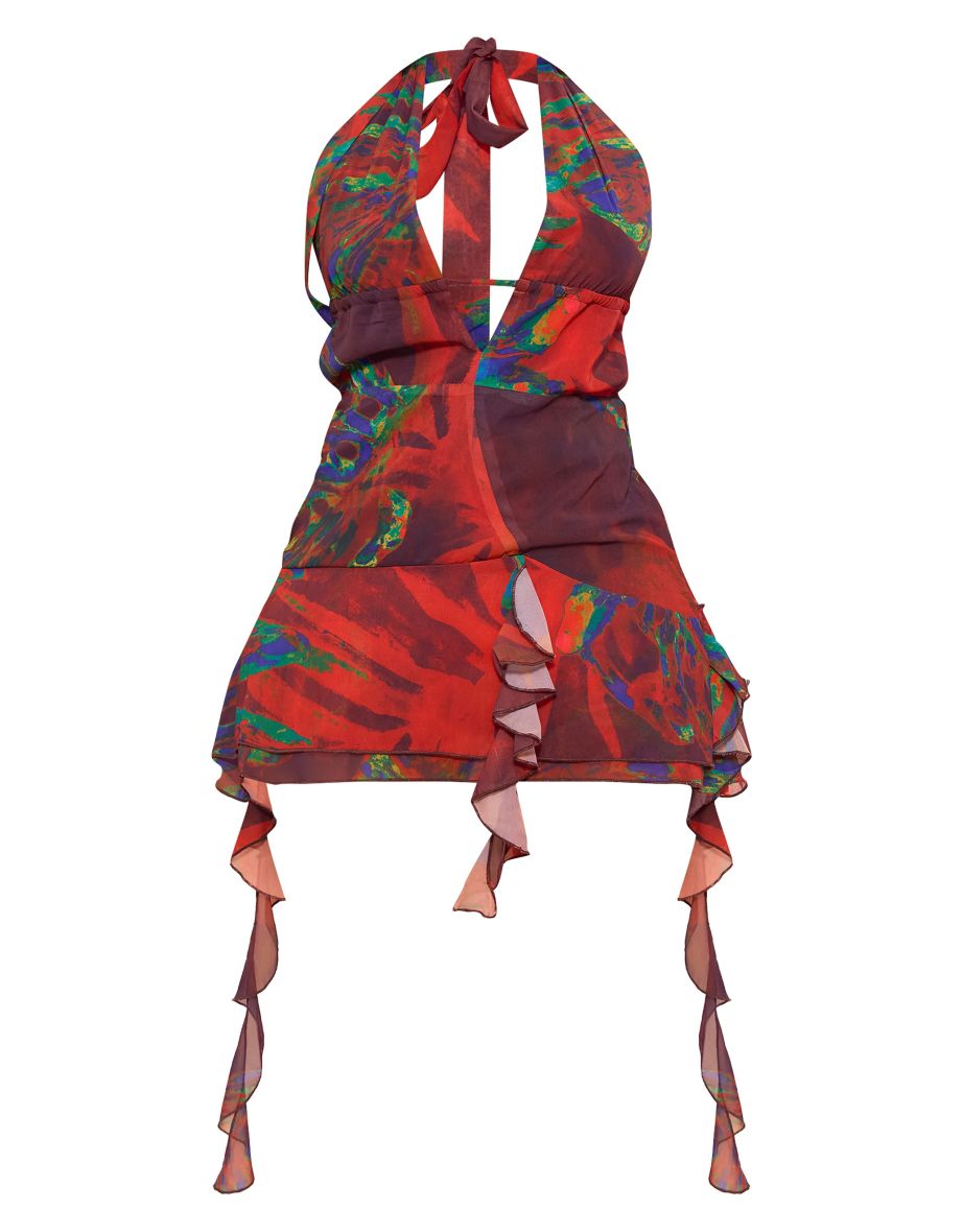 Shape Red Tropical Printed Woven Extreme Plunge Dress - 4
