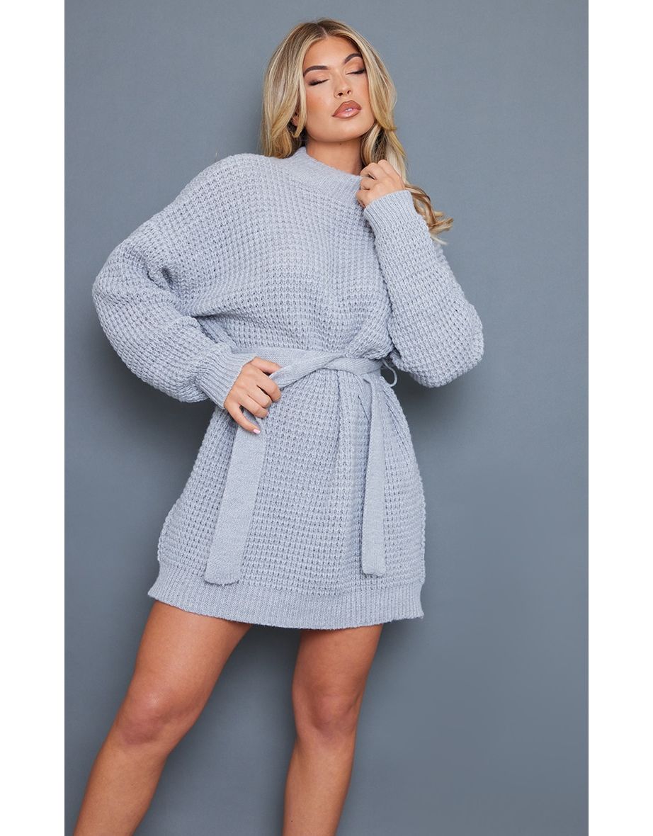 Grey Waffle Knitted Sweater Dress, Knitwear