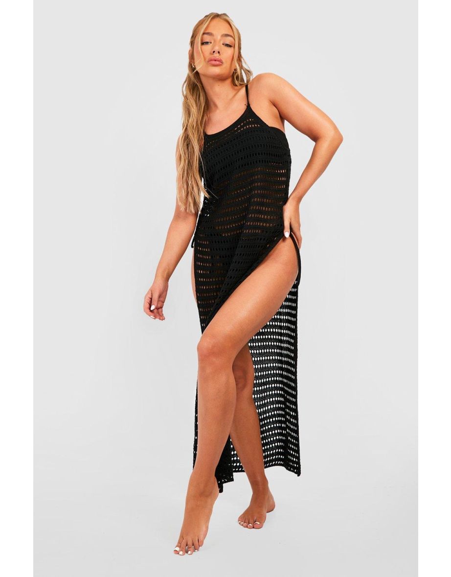 Crochet Split Sides Beach Maxi Dress - black